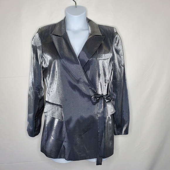 Gantos Silver Metallic Tie Front Blazer Size 14 Evening Jacket Mini Dress - Picture 7 of 15